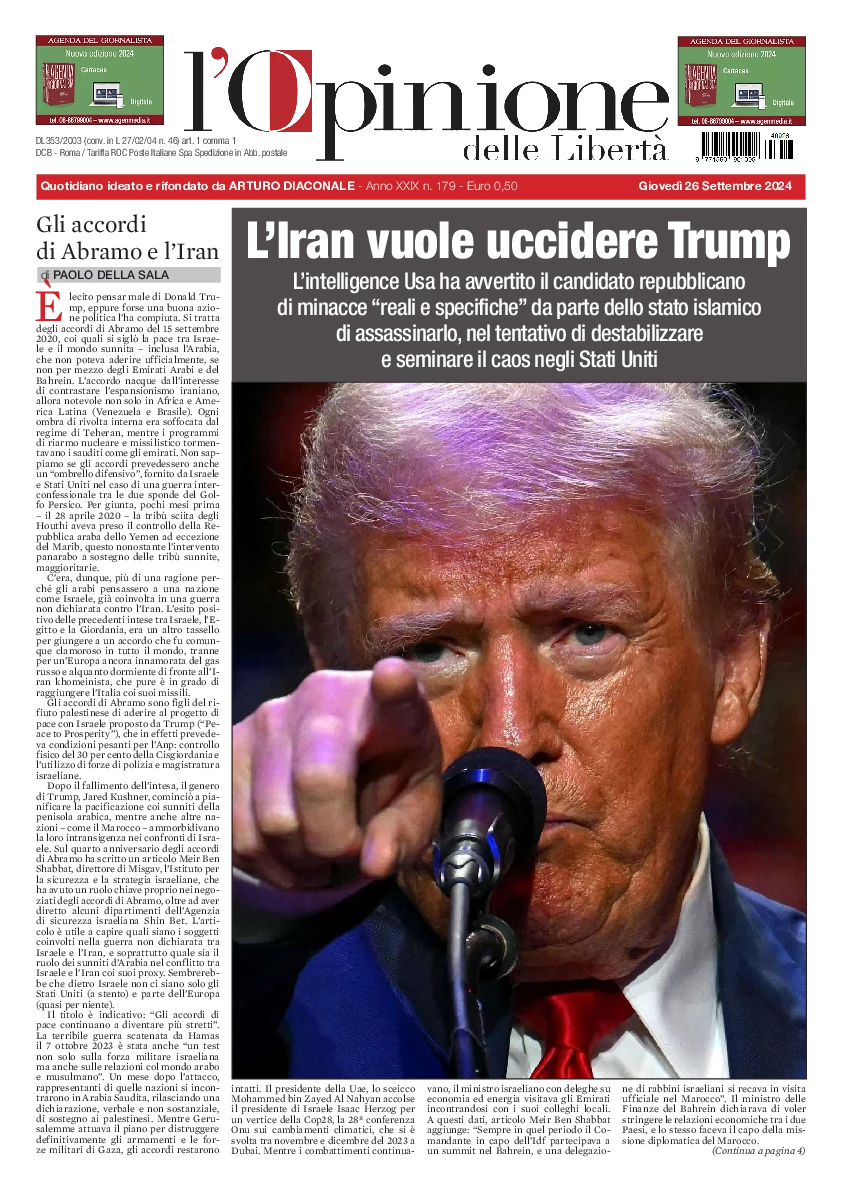 Prima-pagina-opinione della liberta-edizione-di-oggi-2024-09-26